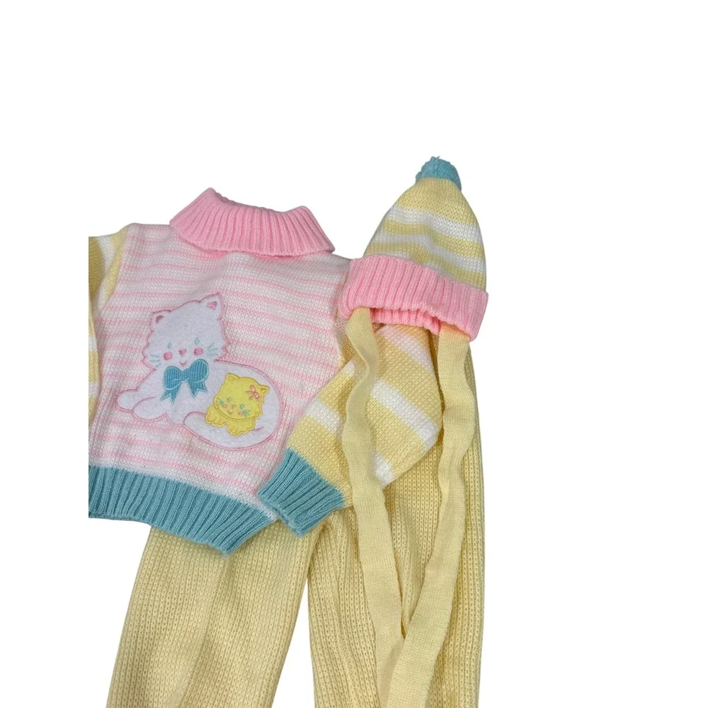 VTG Small Stars Toddler Knit Sweater Set 24M Cat Patch Pastel Yellow Pink